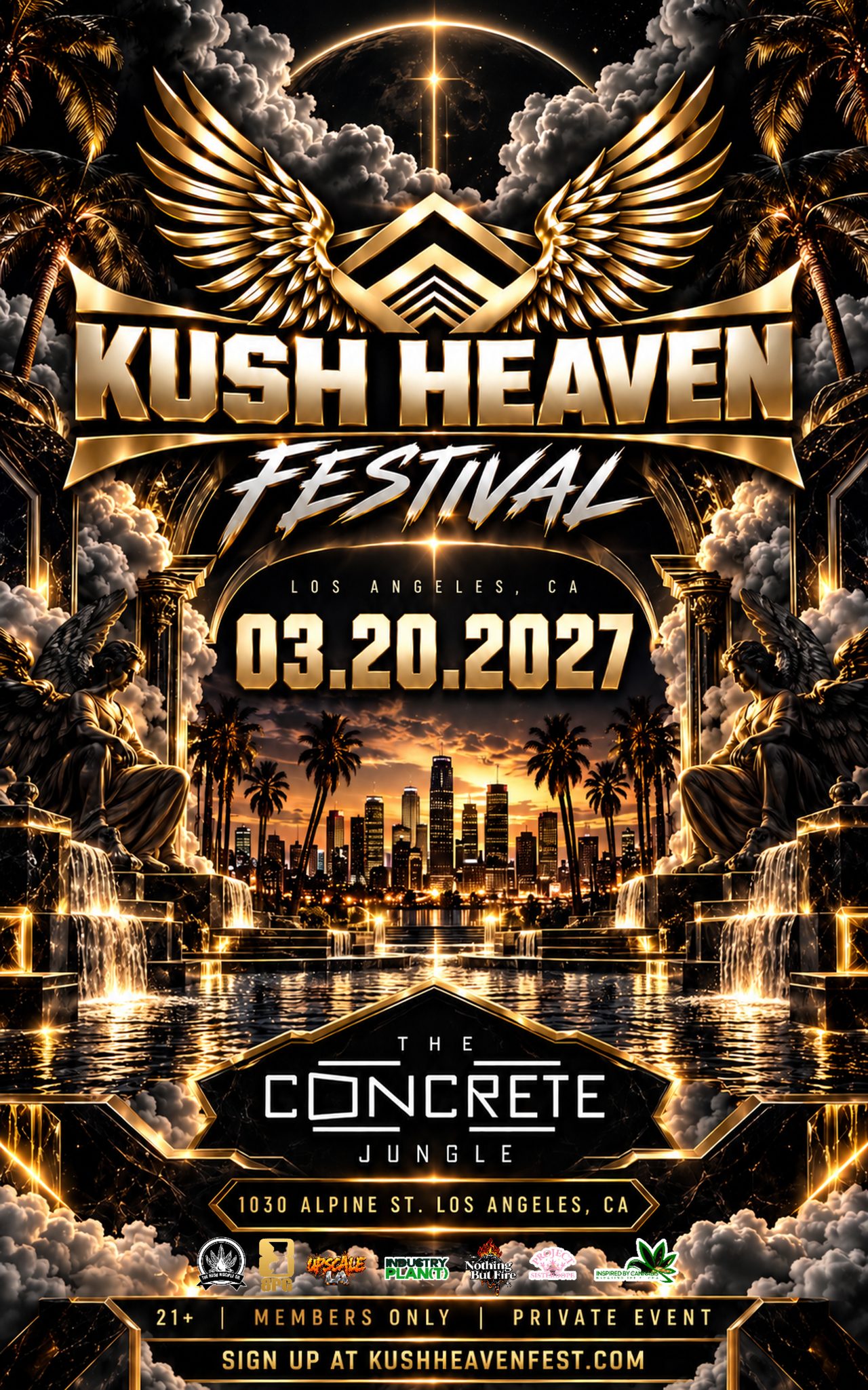 Kush Heaven Festival flyer: Los Angeles, March 20, 2027, The Concrete Jungle, 1030 Alpine St. 21+, members only, private event.